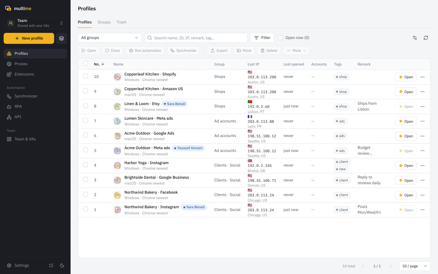Multime's profile list with groups, proxy IPs and an Open button for each profile