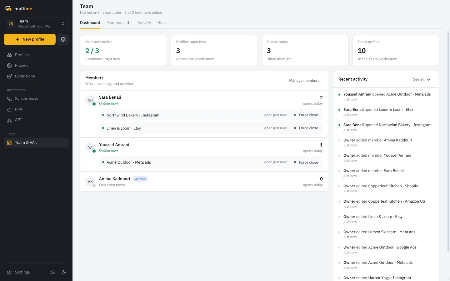 Multime owner dashboard showing VAs online and the profiles they have open